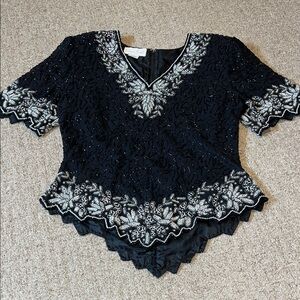 Laurence Kazar Black and Silver Beaded Blouse Size Large